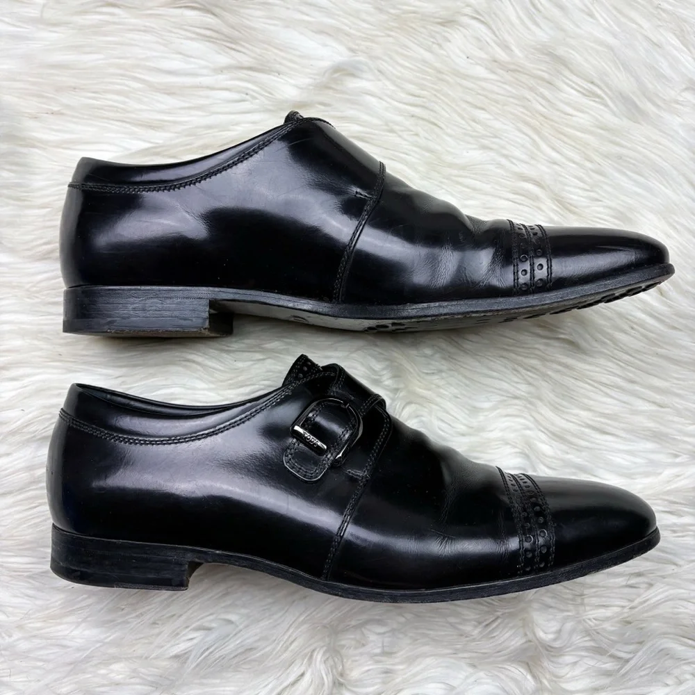 Tods Leather Monk Strap Shoe Shiny Black Mens Size 8 Almond Toe Oxford Buckle